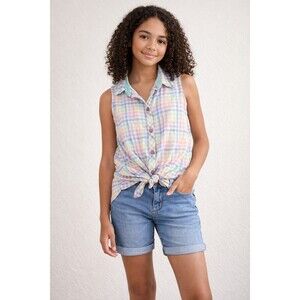Cat & Jack Girls Plaid Sleeveless Button Up Shirt Pastel Tie Front Casual Top...